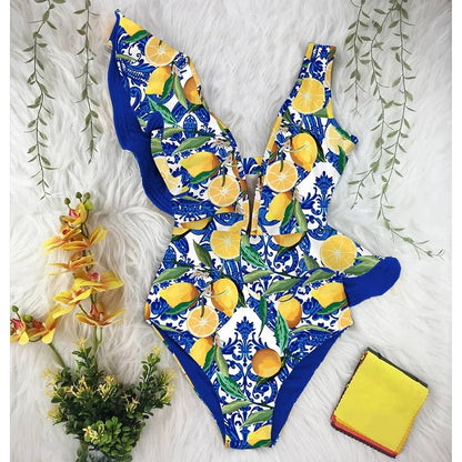 best 2023 New Sexy Ruffle Print Floral One Piece Swimsuit Off The Shoulder Swimwear Women Solid Deep-V Beachwear Bathing Suit Monkini 0 shop online at M2K Trends for