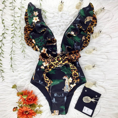 best 2023 New Sexy Ruffle Print Floral One Piece Swimsuit Off The Shoulder Swimwear Women Solid Deep-V Beachwear Bathing Suit Monkini 0 shop online at M2K Trends for