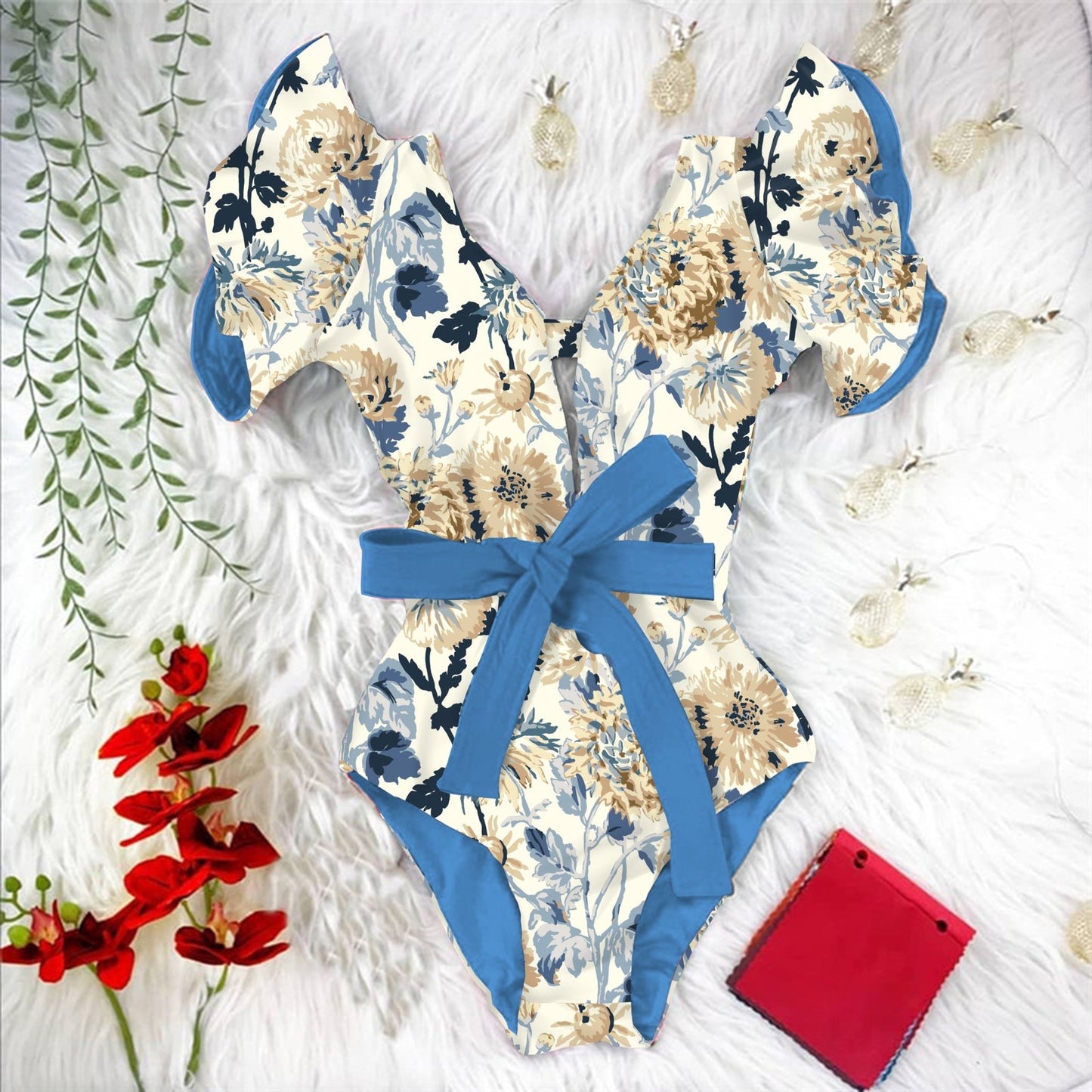 best 2023 New Sexy Ruffle Print Floral One Piece Swimsuit Off The Shoulder Swimwear Women Solid Deep-V Beachwear Bathing Suit Monkini 0 shop online at M2K Trends for