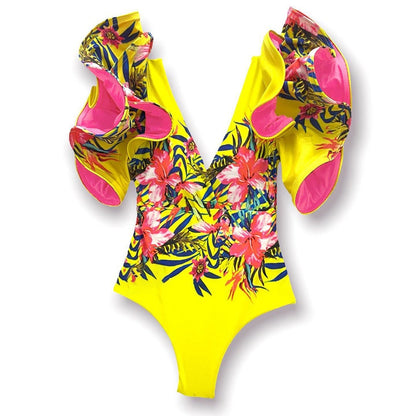 best 2023 New Sexy Ruffle Print Floral One Piece Swimsuit Off The Shoulder Swimwear Women Solid Deep-V Beachwear Bathing Suit Monkini 0 shop online at M2K Trends for