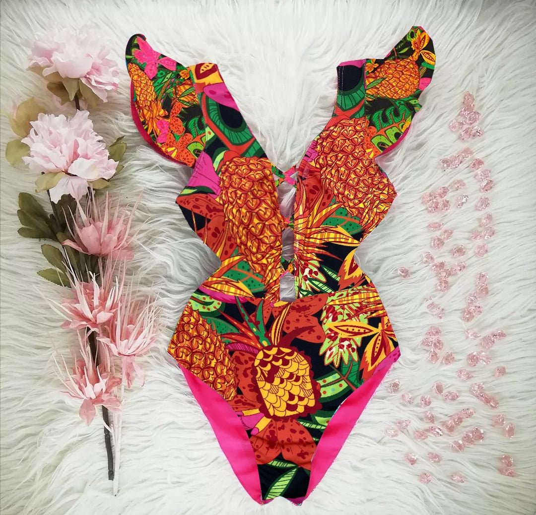 best 2023 New Sexy Ruffle Print Floral One Piece Swimsuit Off The Shoulder Swimwear Women Solid Deep-V Beachwear Bathing Suit Monkini 0 shop online at M2K Trends for