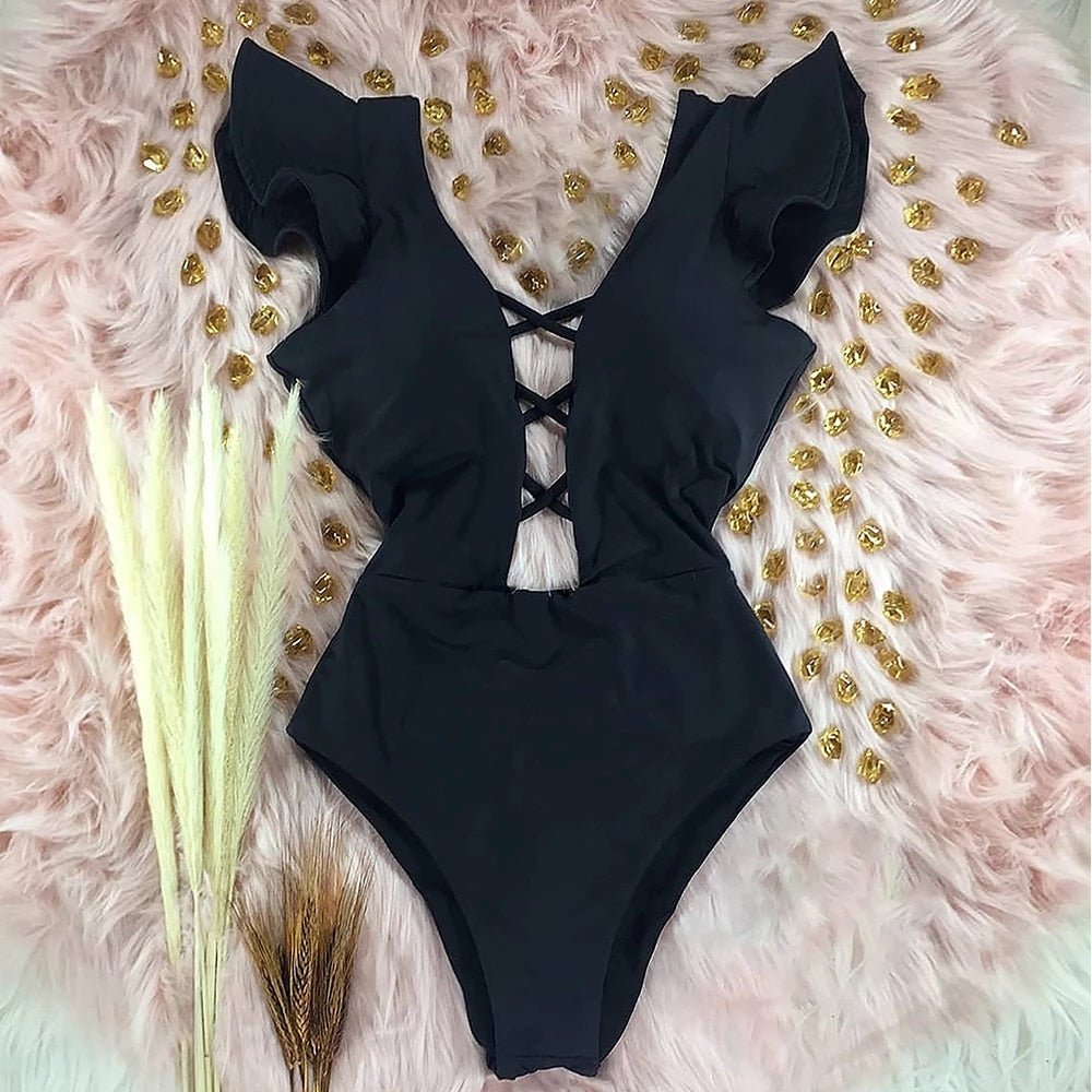 best 2023 New Sexy Ruffle Print Floral One Piece Swimsuit Off The Shoulder Swimwear Women Solid Deep-V Beachwear Bathing Suit Monkini 0 shop online at M2K Trends for