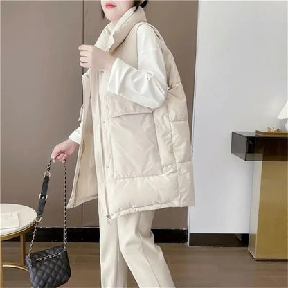 best 2023 New Women's Vest Jacket Down Cotton Vest Autumn Winter Jacket Thicken Loose Long Coat Female Sleeveless Waistcoat Snow Wear shop online at M2K Trends for