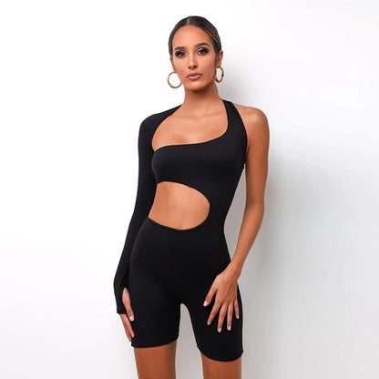 best 2023 Summer Autumn Women Sexy Fitness Jumpsuit One Shoulder Skinny Bodycon Solid Sport Romper Playsuit 0 shop online at M2K Trends for