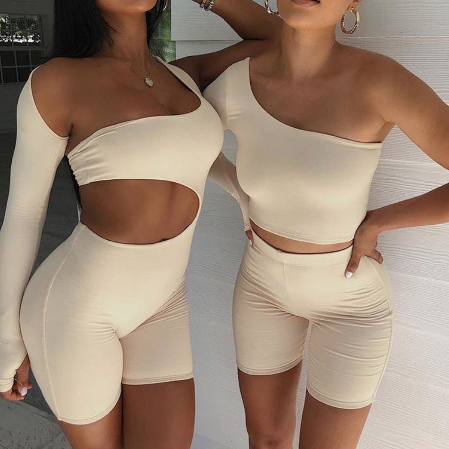 best 2023 Summer Autumn Women Sexy Fitness Jumpsuit One Shoulder Skinny Bodycon Solid Sport Romper Playsuit 0 shop online at M2K Trends for