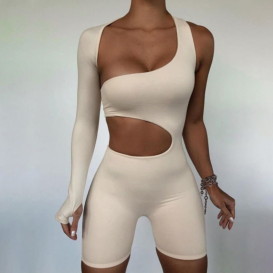 best 2023 Summer Autumn Women Sexy Fitness Jumpsuit One Shoulder Skinny Bodycon Solid Sport Romper Playsuit 0 shop online at M2K Trends for