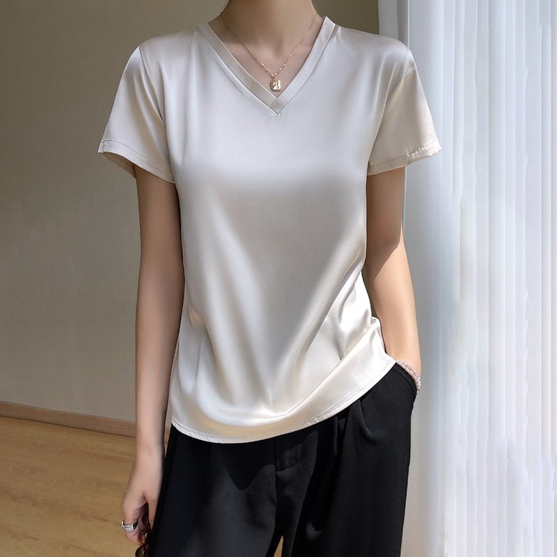 best 2023 Summer Basic Solid Women's T-Shirts V-Neck Short Sleeve Tees Tops Satin Silk Elegant Thin Shirts for Female 0 shop online at M2K Trends for