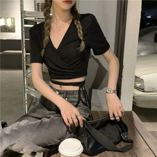 best 2023 Summer Casual Tee Tops Women T shirts Solid V-neck Sexy Cropped Cross Tie-Up Harajuku Basic Korean Street T-shirts mujer 0 shop online at M2K Trends for