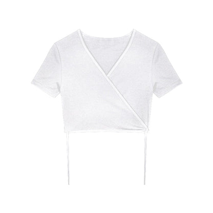 best 2023 Summer Casual Tee Tops Women T shirts Solid V-neck Sexy Cropped Cross Tie-Up Harajuku Basic Korean Street T-shirts mujer 0 shop online at M2K Trends for