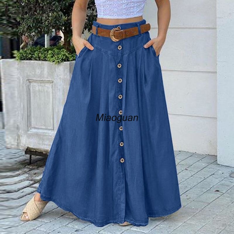 best 2023 Women Summer Sundress Casual High Waist Long Skirt Button Solid Color Pocket Vestidos Female Solid Robe Femme Spring Black skirt shop online at M2K Trends for