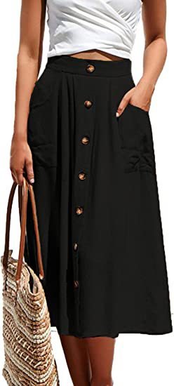 best 2023 Women Summer Sundress Casual High Waist Long Skirt Button Solid Color Pocket Vestidos Female Solid Robe Femme Spring Black skirt shop online at M2K Trends for