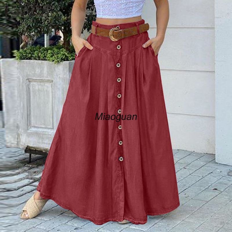 best 2023 Women Summer Sundress Casual High Waist Long Skirt Button Solid Color Pocket Vestidos Female Solid Robe Femme Spring Black skirt shop online at M2K Trends for