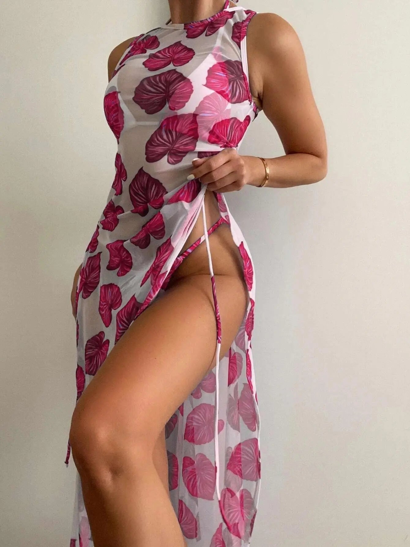 best 3 Pieces Leaf Print Thong Bikini 2023 Women With Cover Up Swimwear Female Trikini Swimsuit Bathers Bathing Swimming Suit Summer shop online at M2K Trends for