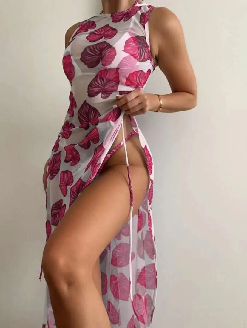 best 3 Pieces Leaf Print Thong Bikini 2023 Women With Cover Up Swimwear Female Trikini Swimsuit Bathers Bathing Swimming Suit Summer shop online at M2K Trends for