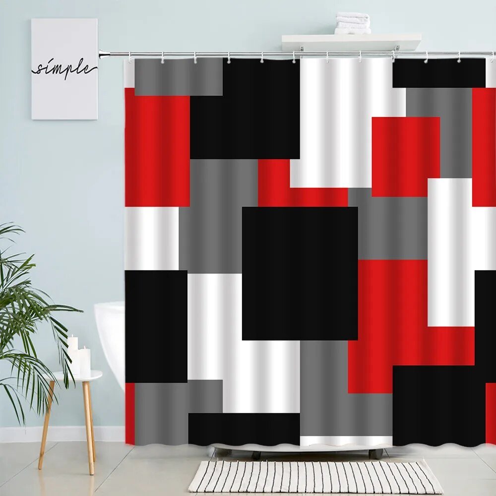 best 3D Black Red Grey White Splicing Geometric Shower Curtain Plaid Creative Design Modern Home Bathroom Decor Curtains Fabric Hooks shop online at M2K Trends for