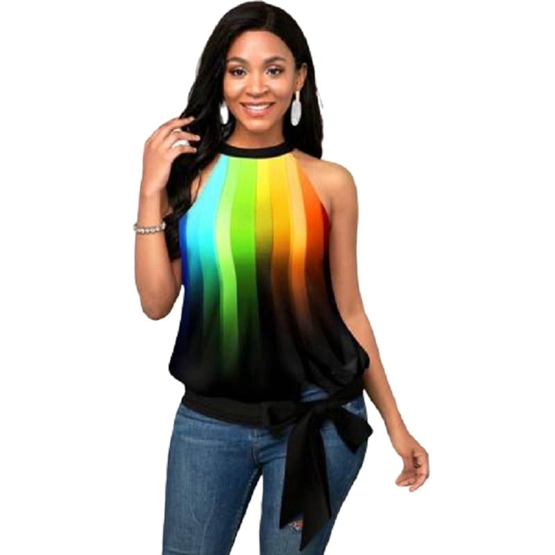 best 3D Digital Print Sleeveless Tshirt Top Women Summer Rainbow Striped Print Tank Tops Side Bowknot Big Size Sexy Hanging Neck Top blouse shop online at M2K Trends for