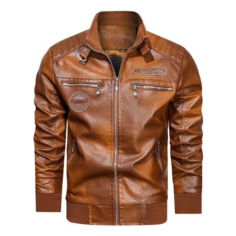 Stand-up Collar Leather Jacket With Pockets