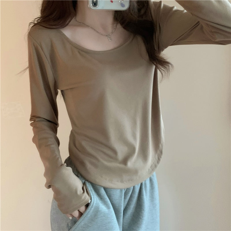 Women Long Sleeve Square Neck T-Shirt Spring And Autumn New Irregular Hem Slim Casual Top Girl Bottom Shirts