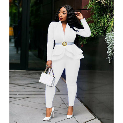 New Women Winter Women&#39;s Set Tracksuit Full Sleeve Ruffles Blazers Pencil Pants Suit Two Piece Set Office Lady Outfits Uniform