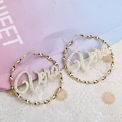 DOREMI-pendientes de acero inoxidable con nombre personalizado para mujer, aretes con forma de remolino, joyería ostentosa personalizada de cristal, piedra de aro grande de hip hop