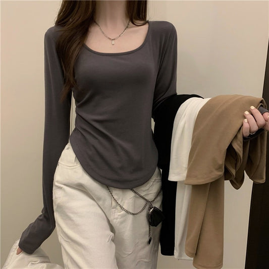 Camiseta de manga larga con cuello cuadrado para mujer, camisetas informales ajustadas con dobladillo Irregular, parte inferior para chica, primavera y otoño