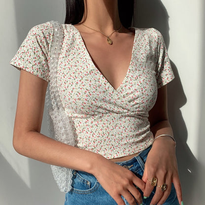 Vintage Floral Cross Crop Top - Women's Slim Summer Tee