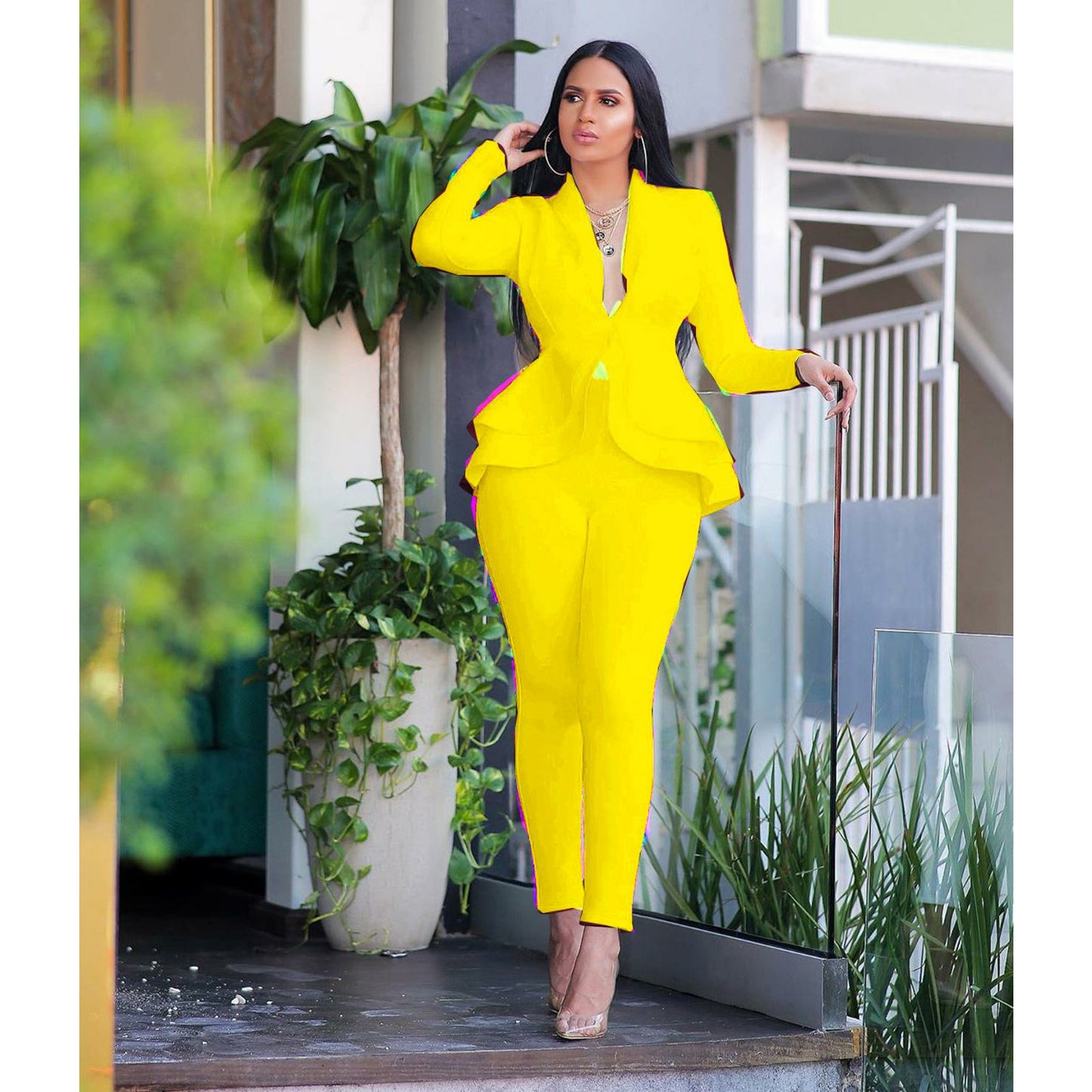 New Women Winter Women&#39;s Set Tracksuit Full Sleeve Ruffles Blazers Pencil Pants Suit Two Piece Set Office Lady Outfits Uniform