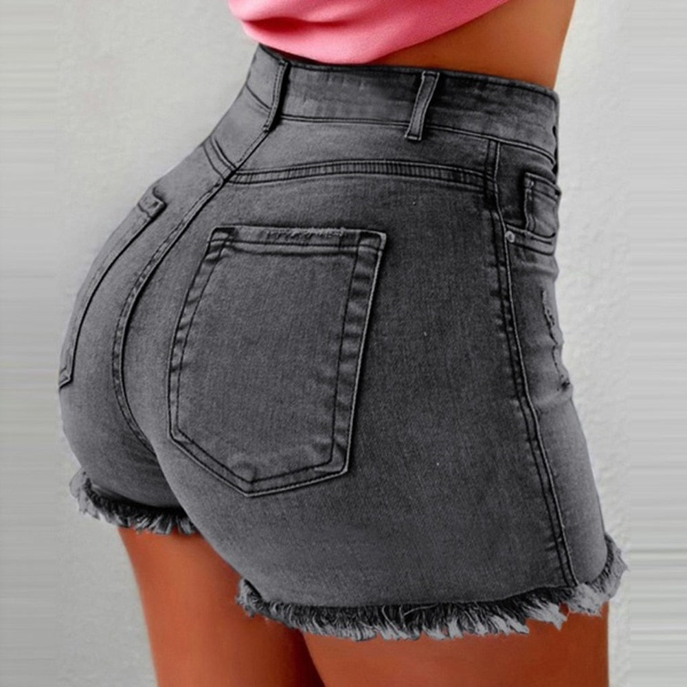 Women Denim Shorts  New Summer Lady Clothing High Waist Jeans Shorts Fringe Frayed Ripped Casual Hot Shorts With Pockets