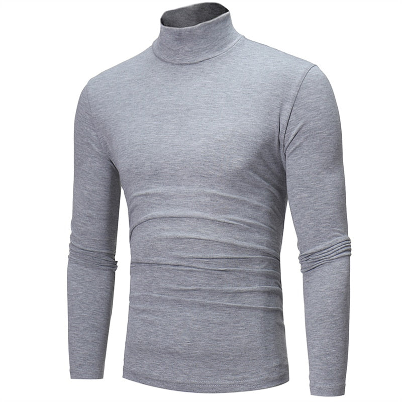 Fashion Men's Casual Slim Fit Basic Turtleneck High Collar Pullover Male Autumn Spring Thin Tops Basic Bottoming Plain T-shirt