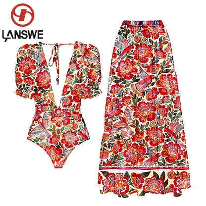 Lanswe2023, nueva moda, traje de baño con cubierta para mujer, estampado Retro, escote en V profundo, precioso traje rojo y de una pieza con traje de baño, ropa de playa de verano