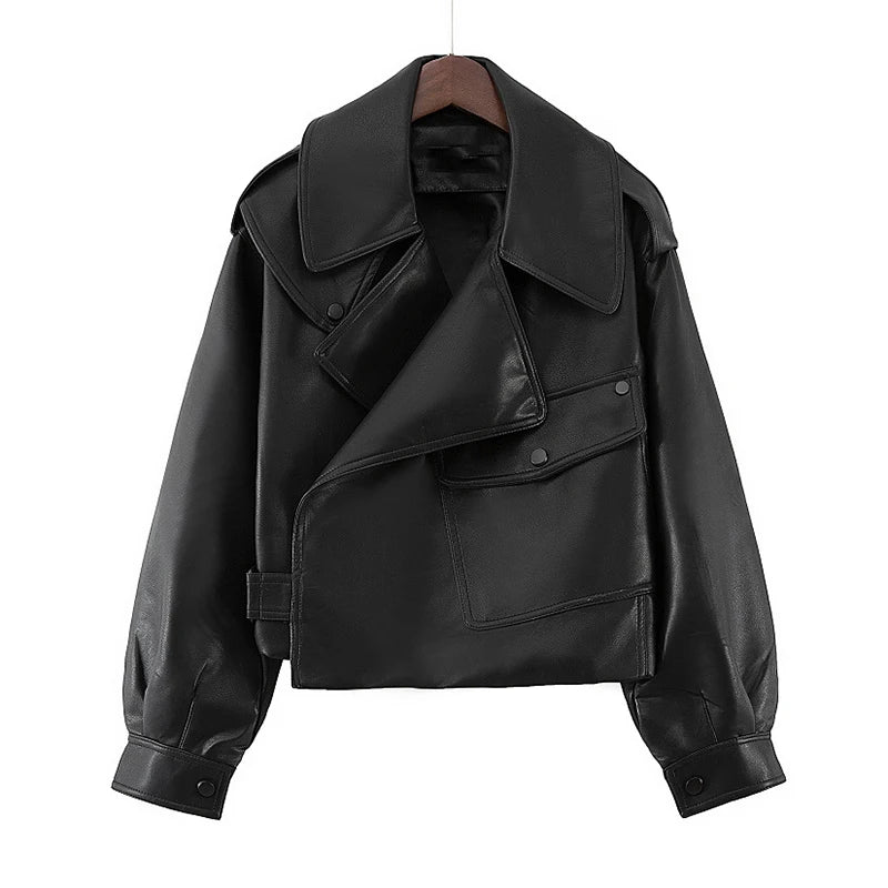 best Aelegantmis Black Short Loose Pu Leather Jacket Autumn Winter Soft Faux Leather Jacket Street Casual Outwear Ladies Biker Jacket shop online at M2K Trends for