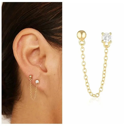 best Aide 925 Sterling Silver Four Zircons Flower Stud Earrings For Women Double Studs Chain Tassel Piercing Earring 18K Gold Plated shop online at M2K Trends for