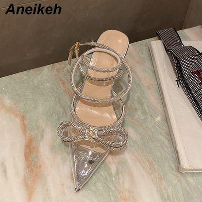 best Aneikeh Spring/Autumn 2023 Women's Shoes Fashion Butterfly-Knot Narrow Band Bling Patchwork Cross-Tied Crystal Pointed Toe Pumps 0 shop online at M2K Trends for