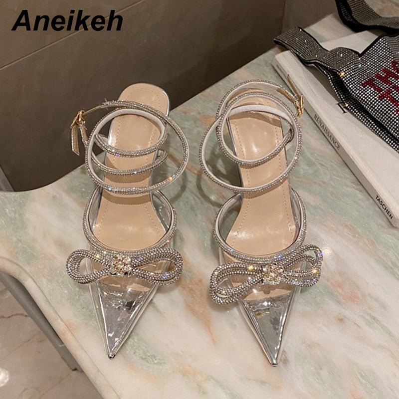 best Aneikeh Spring/Autumn 2023 Women's Shoes Fashion Butterfly-Knot Narrow Band Bling Patchwork Cross-Tied Crystal Pointed Toe Pumps 0 shop online at M2K Trends for