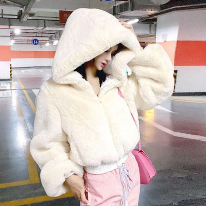 best Autumn Winter Faux Rabbit Fur Bomber Teddy Coat Zipper Streetwear High Waist Furry Hooded Plush Jacket Cardigan Fleece Parkas 0 shop online at M2K Trends for