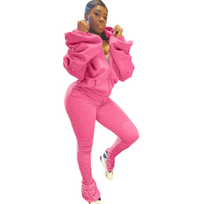 best Autumn Women Casual Two Piece Set Top Trouser Solid Puff Sleeve Backless Hooded Pants Tracksuit Sweatsuit Y2k Streetwear Outfits shop online at M2K Trends for