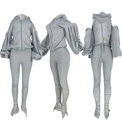 best Autumn Women Casual Two Piece Set Top Trouser Solid Puff Sleeve Backless Hooded Pants Tracksuit Sweatsuit Y2k Streetwear Outfits shop online at M2K Trends for