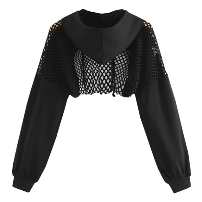 best Black Hoodies for Women 2020 Hollow Out Crop Tops Mesh Patchwork Short Sweatshirt Long Sleeve Autumn Tops and Pullovers 0 shop online at M2K Trends for