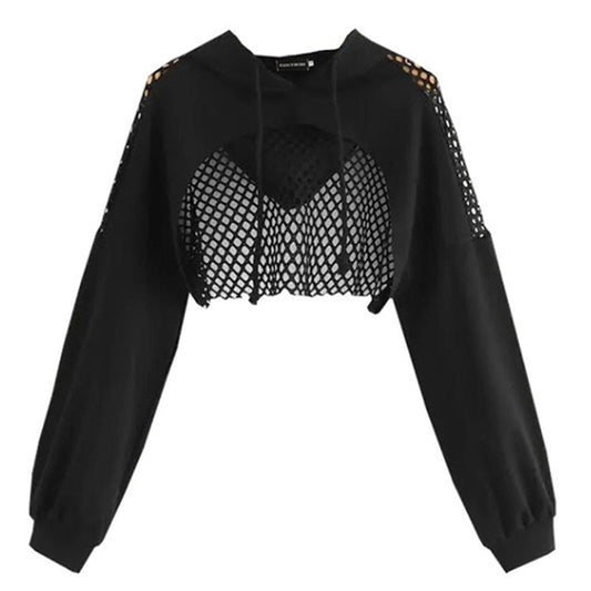 best Black Hoodies for Women 2020 Hollow Out Crop Tops Mesh Patchwork Short Sweatshirt Long Sleeve Autumn Tops and Pullovers 0 shop online at M2K Trends for