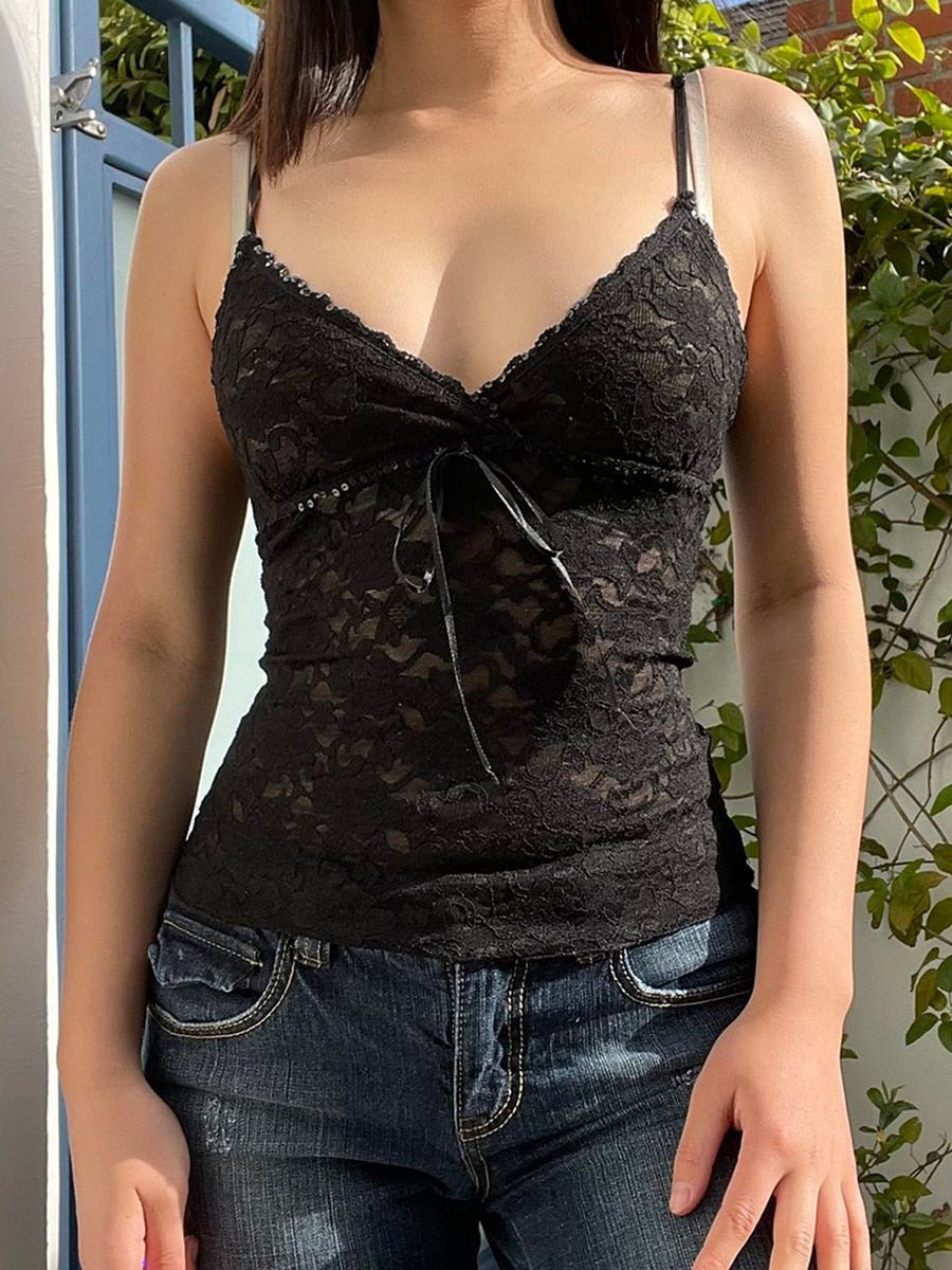 best Black See Through Lace Cami Crop Tops Women Summer Y2K Clothes Sleeveless V Neck Sexy Tanks Camis Aesthetic 2000s Gothic Tees 0 shop online at M2K Trends for