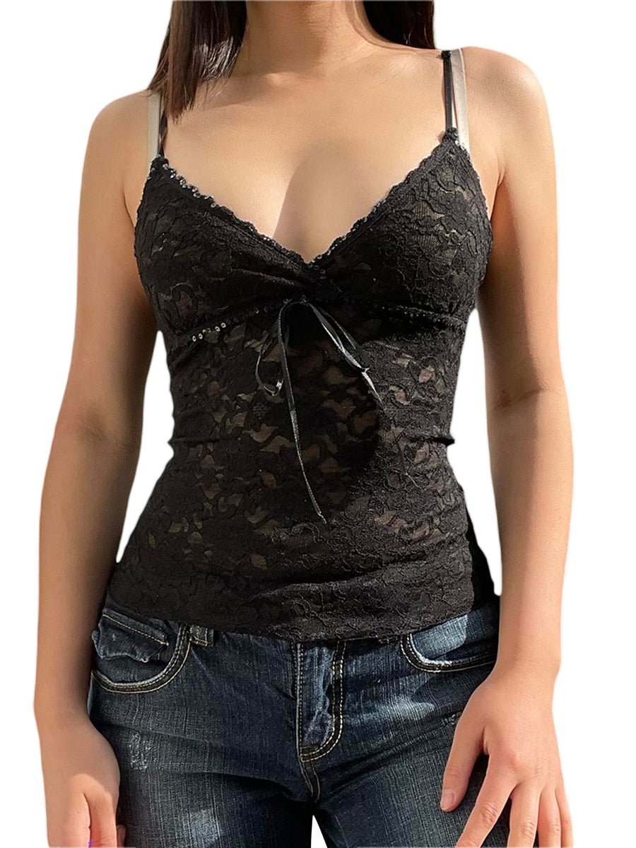 best Black See Through Lace Cami Crop Tops Women Summer Y2K Clothes Sleeveless V Neck Sexy Tanks Camis Aesthetic 2000s Gothic Tees 0 shop online at M2K Trends for