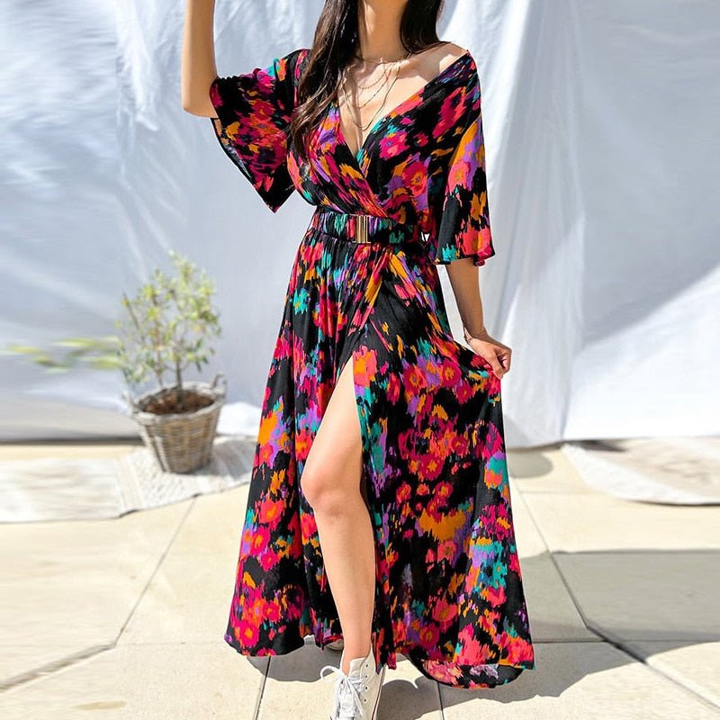 best Boho Floral Print Long Dress Women Sexy Deep V-Neck Long Sleeve High Split Swing Dress with Belt Elegant Beach Dresses Vestidos 0 shop online at M2K Trends for