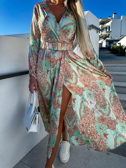 best Boho Floral Print Long Dress Women Sexy Deep V-Neck Long Sleeve High Split Swing Dress with Belt Elegant Beach Dresses Vestidos 0 shop online at M2K Trends for