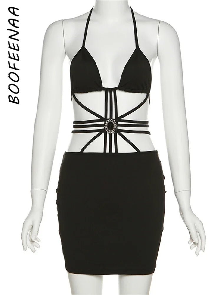 best BOOFEENAA Cut Out Halter Backless Mini Bodycon Dresses Sexy Summer 2023 Rave Festival Outfits Nightclub Black Dress C16-BH21 shop online at M2K Trends for