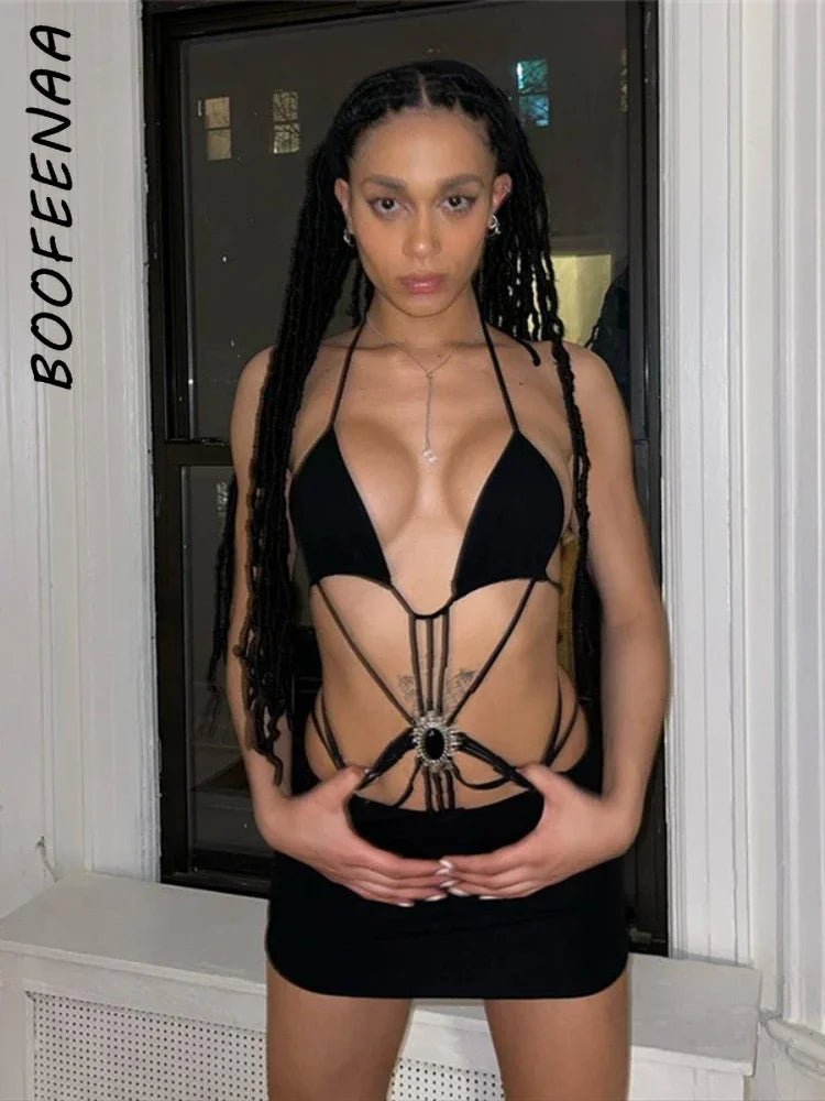 best BOOFEENAA Cut Out Halter Backless Mini Bodycon Dresses Sexy Summer 2023 Rave Festival Outfits Nightclub Black Dress C16-BH21 shop online at M2K Trends for