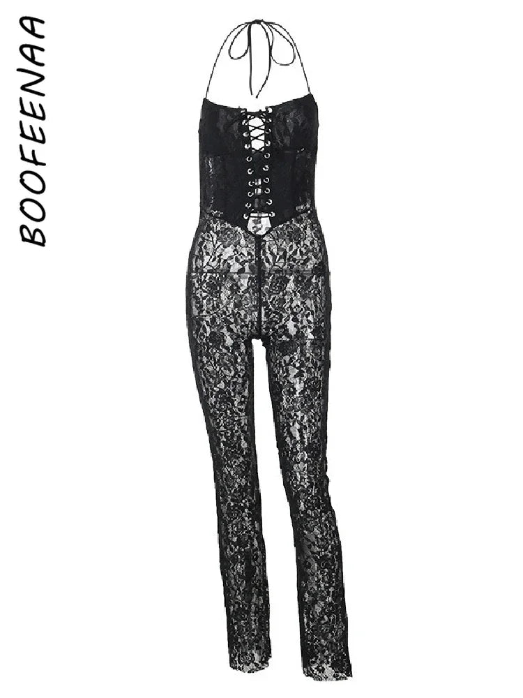 best BOOFEENAA One Piece Outfit Women Jumpsuit Sexy Club Wear See Through Hollow Bandage Black Lace Floral Jumpsuits C66-DB20 shop online at M2K Trends for