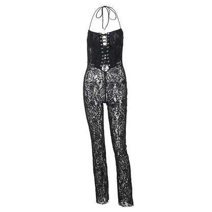 best BOOFEENAA One Piece Outfit Women Jumpsuit Sexy Club Wear See Through Hollow Bandage Black Lace Floral Jumpsuits C66-DB20 shop online at M2K Trends for