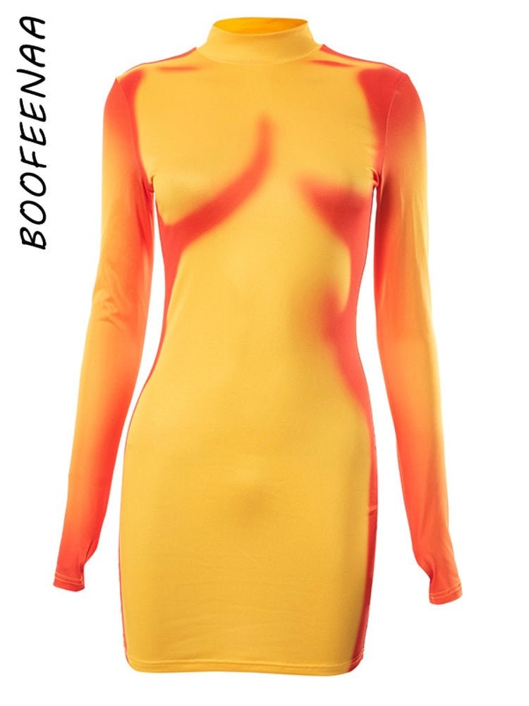 best BOOFEENAA Yellow 3D Body Print Sexy Dress Y2k Streetwear Womans Clothing Long Sleeve Bodycon Short Dresses Club Wear C85-BD18 0 shop online at M2K Trends for