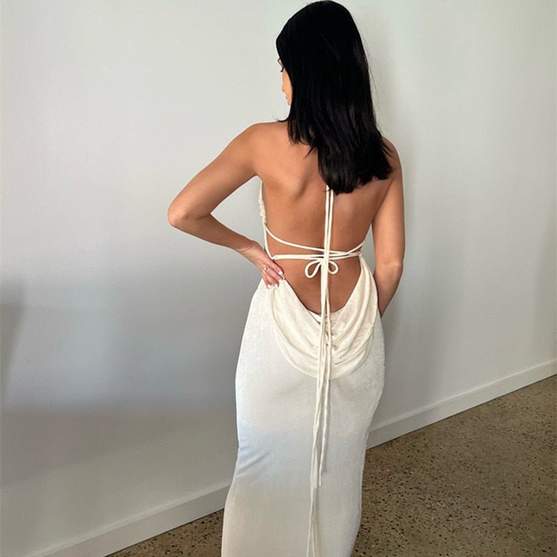 best Elegant Fashion Halter Sexy Backless Draped Maxi Dress Women 2023 Summer Women Party Long Straps Shift Dresses Clothes naughty dresses shop online at M2K Trends for