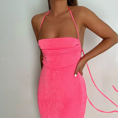 best Elegant Fashion Halter Sexy Backless Draped Maxi Dress Women 2023 Summer Women Party Long Straps Shift Dresses Clothes naughty dresses shop online at M2K Trends for